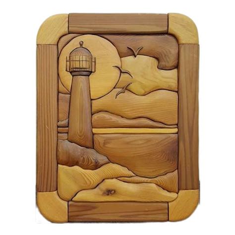 Intarsia Wood Art Of Seascape With Lighthouse Flying Birds And The