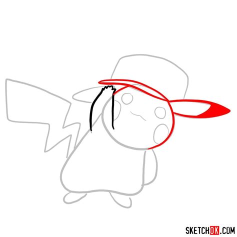 Drawing Tutorial Of Pikachu In A Cap With Pokeball Logo Sketchok Easy