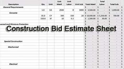 Excel Construction Bid Template Doctemplates