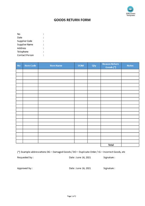 Kostenloses Goods Return Form Template