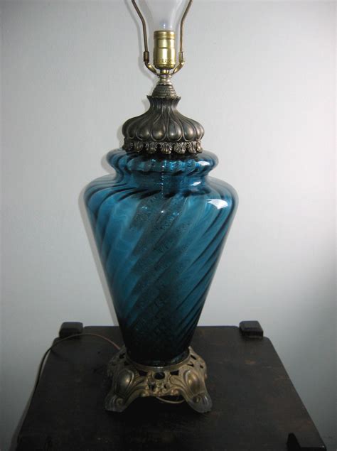 Large Blue Glass Table Lamp Vintage 1960s Hollywood