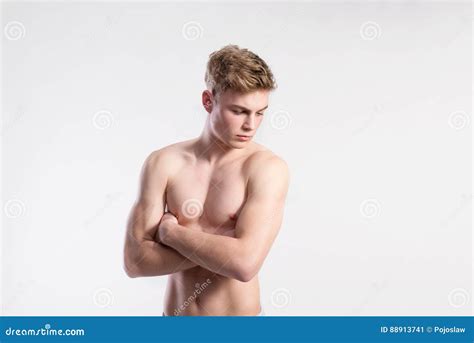 Handsome Shirtless Fitness Man Arms Crossed Studio Shot Stock Image Image Of Handsome