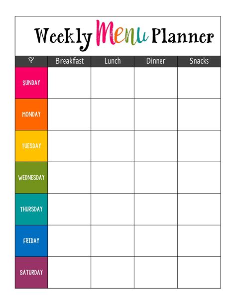 Menu Planner Free Printable Colorful Boxes Weekly Meal Planner Menu