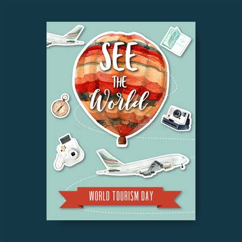 Tourism Day Poster Design With Sky Airplane Balloon Map Compass