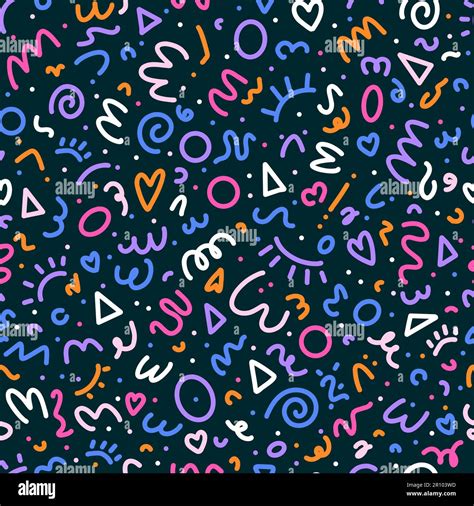 Colorful 90s Seamless Pattern Squiggle Kid Background Doodle