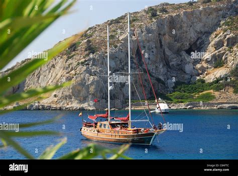 knidos datca peninsula turkey a traditional turkish gulet moored in the harbour at ancient