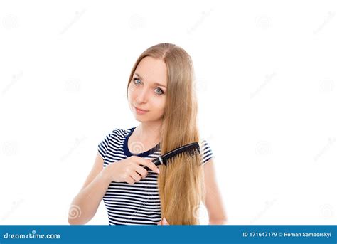Happy Girl Combing Her Long Blonde Hair Stock Image Image Of Fashion