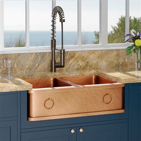 33 Galor Copper Double Bowl Farmhouse Sink With Rings — Magnus Home