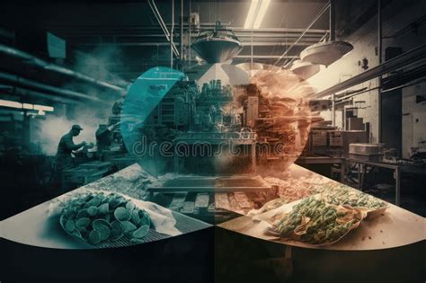 Double Exposure Of Food Products Being Processed In Factory From Raw