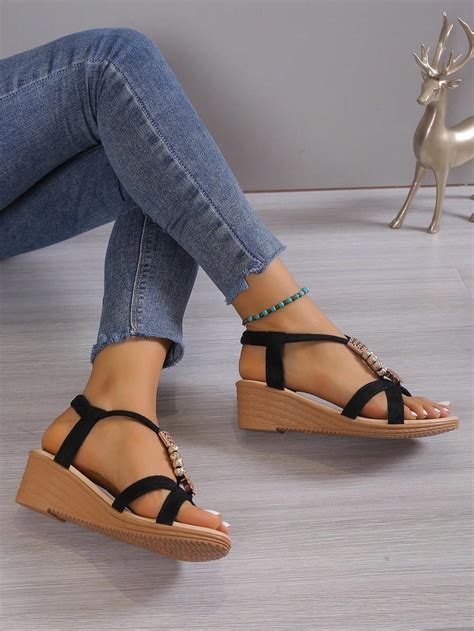 Sandalias De Cu A Con Cuentas Estilo Mujer Verano Tac N Medio Color