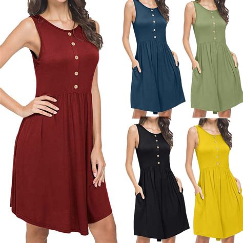 Hot Sale Solid Color Casual Dress Women S Summer Sleeveless Casual Loose Swing T Shirt Dress