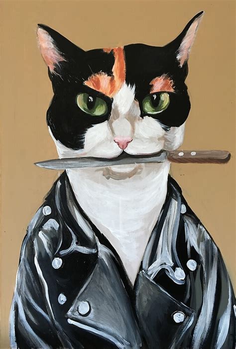 Bad Ass Cat In Leather Jacket With Knife In Mouth By Elgatopainter