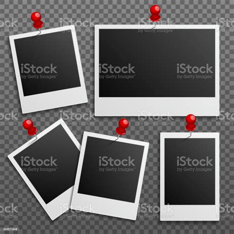 Photo Polaroid Frames On Wall Attached With Pins Vector Set Stock