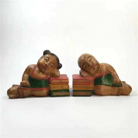Vintage Chinese Carved Wooden Boy And Girl Sleeping On Books Bookends