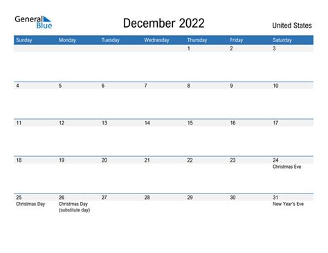 December 2022 Calendar With United States Holidays