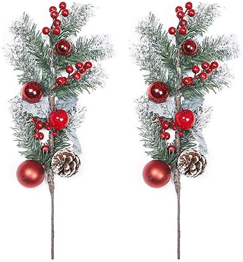 Belupai Artificial Red Berry 19 Inch Pine Snowy Flower Picks Faux