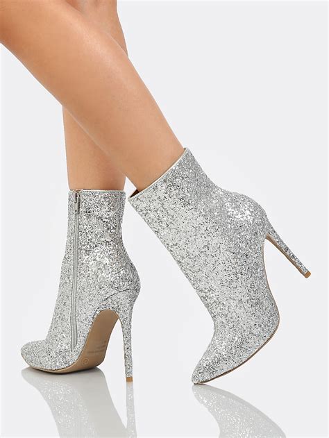 Glitter Ankle High Boots Silver Pointed Toe Boots Heeled Boots Stiletto Boots Silver Boots