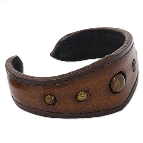 Tigers Eye Cuff Bracelet In Leather Handmade In Thailand The Power