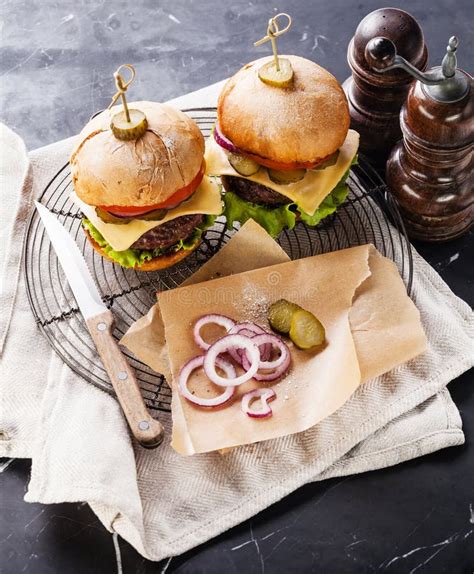 Two Burgers With Meat Stock Image Image Of Meal Dark 50619865