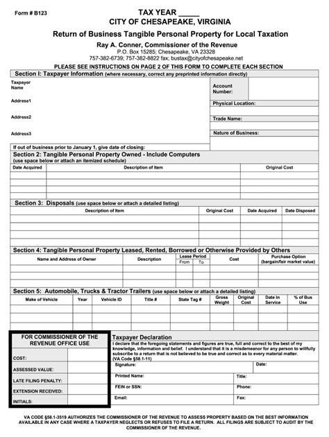 Fillable Online Cityofchesapeake Form B123 TAX YEAR CITY OF