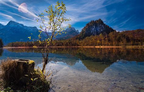 Обои осень пейзаж горы природа озеро отражение пень Австрия