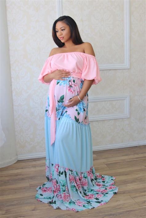 Pink And Blue Maternity Maxi Off The Shoulder Dress For Gender Reveal Or Pregnant Guest