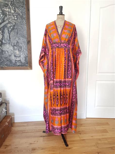 Suda Silk Kaftan 70s Orange Pink Caftan Designer Caftan Plus Size