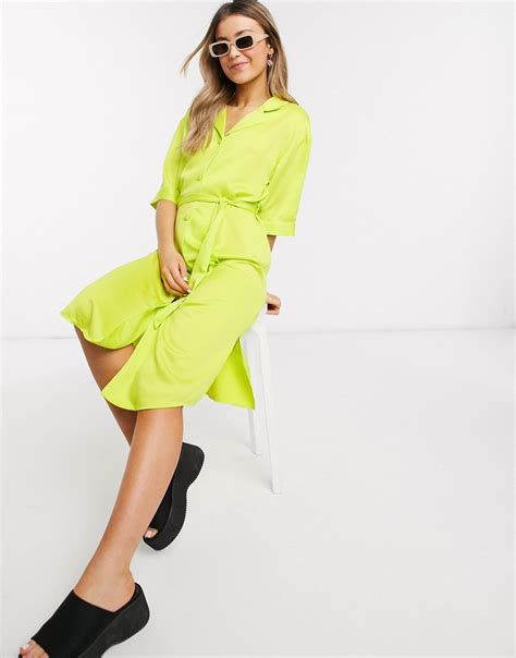 Monki Maggie Satin Midi Shirt Dress In Lime Green Modesens