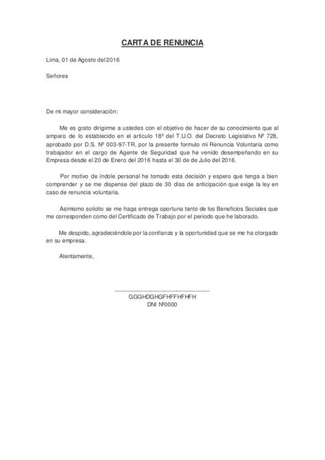 Ejemplo Carta De Renuncia Laboral Voluntaria Y Agradecimiento