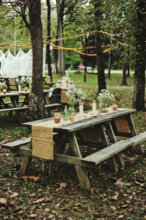 How To Decorate Picnic Tables For Wedding Reception Picnic Table Wedding Wedding Reception