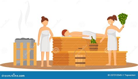 Sauna And Steam Room Set Of People In Sauna People Relax And Steam With Birch Brooms In Banya