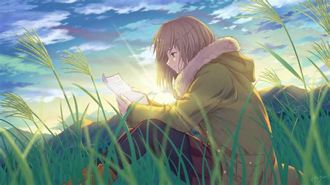 Download Anime Girl Reading Book In Grass Wallpaper