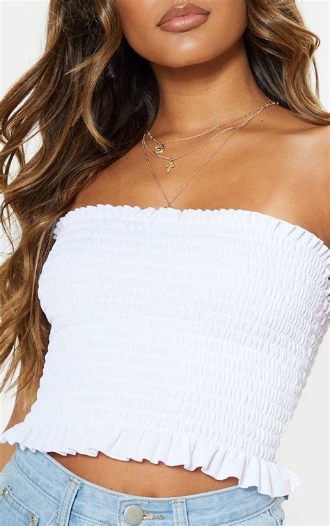 White Shirred Bandeau Crop Top Tops Prettylittlething