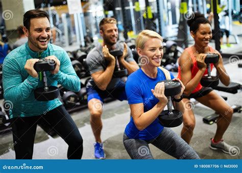 Group Of Friends Smiling And Enjoy Sport In Gym Stock Photo Image Of