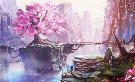 Anime Landscape Cherry Blossom Bridge Waterfall Anime Girl Nature