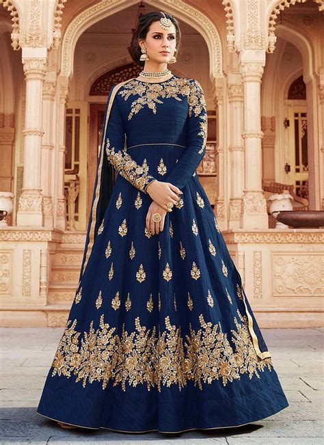 Deep Blue And Gold Embroidered Art Silk Anarkali Anarkali Dress
