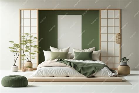 Premium Ai Image Japandi Bedroom Mock Up In White And Green Tones Bed