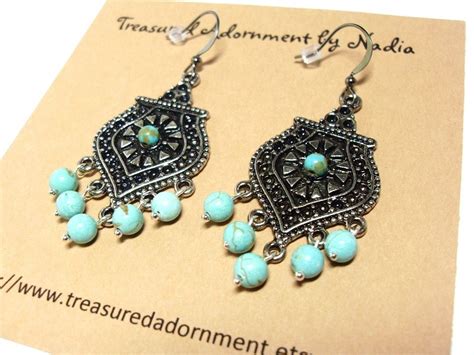 Antiqued Silver And Turquoise Chandelier Earrings Vintage Etsy