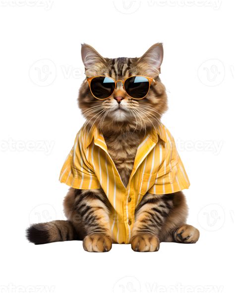 Cool Cat Sitting Relaxing Wearing Summer Clothes And Sunglasses