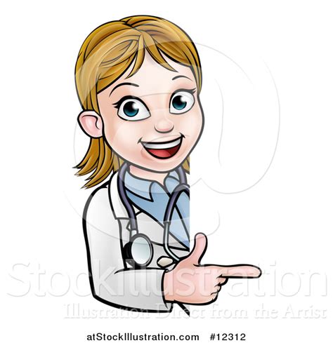 Vector Illustration Of A Cartoon Friendly White Female Doctor Pointing