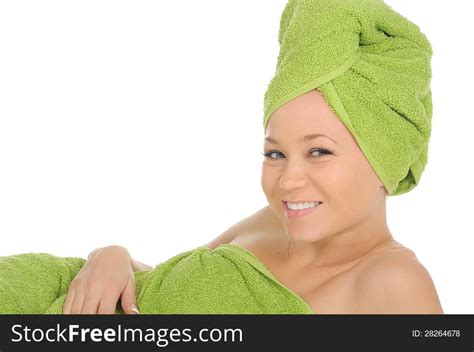 Spa Girl Beautiful Young Woman After Bath With Green Towel Isolated