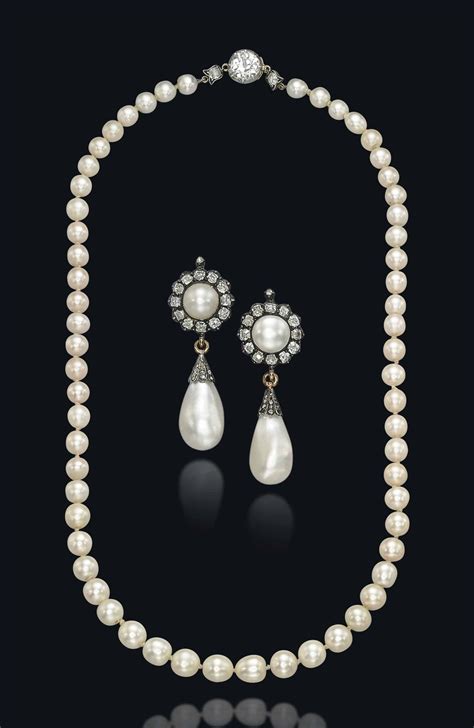 An Antique Natural Pearl And Diamond Necklace And A Pair Of Natural