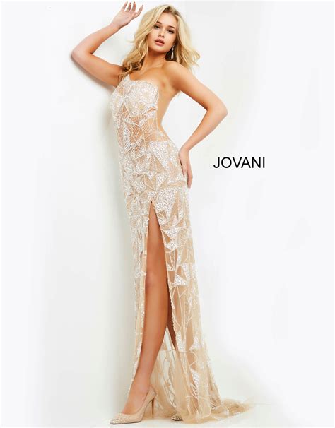 Jovani Nude Embellished Sheath Long Prom Dress