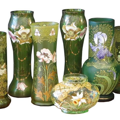 Collection Of 18 Green Glass Vases With Enamel Florals For Sale At 1stdibs