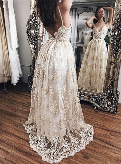 Ivory Outdoor Countryside Boho Beach Wedding Dress With Champagne Appliques