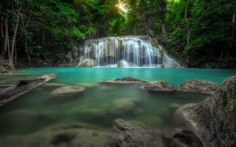 Nature Landscape Waterfall Forest Thailand Trees Pond Green Turquoise