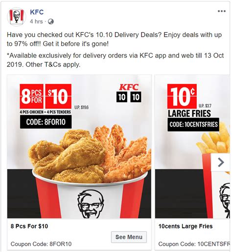 These Kfc Delivery Promo Codes Let You Enjoy 0 10 Large Fries And 10 8 Pcs Chicken Valid Till