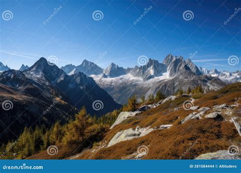 Clear Blue Skies And Towering Peaks Of The Alpine Environment With A