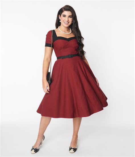 Unique Vintage Burgundy And Black Swing Dress Mod And Retro Clothing