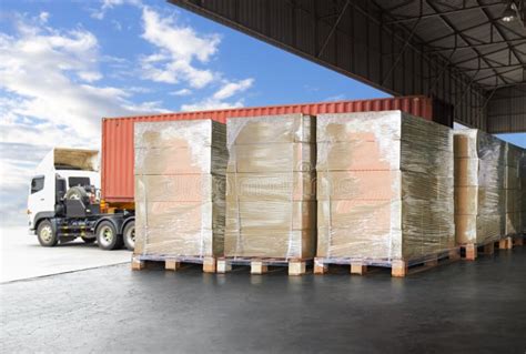 Packaging Boxes Wrapped Plastic Stacked On Pallets Loading Into Cargo